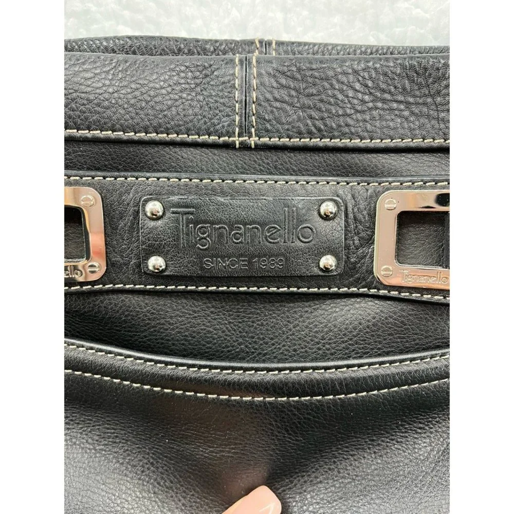 Tignanello Womens Shoulder‎ Bag Black Textured Zipper Pockets Sling M